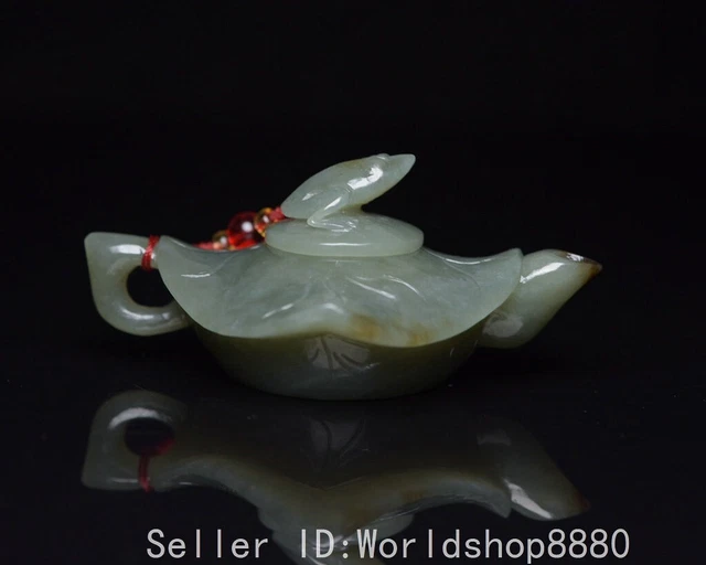 3.1" Ancient Chinese Hetian Jade Carved Fengshui Frog Lid Lotus Leaf Teapot Pot