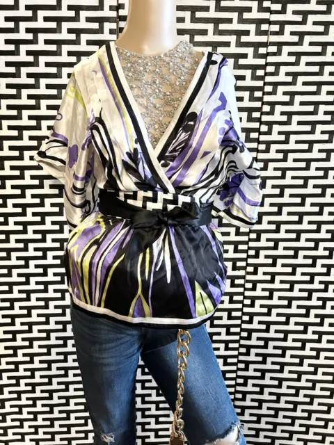 NWT Bebe Kimono Sleeve Silk Blouse Top Size XS Cropped Empire Waist Tie $117