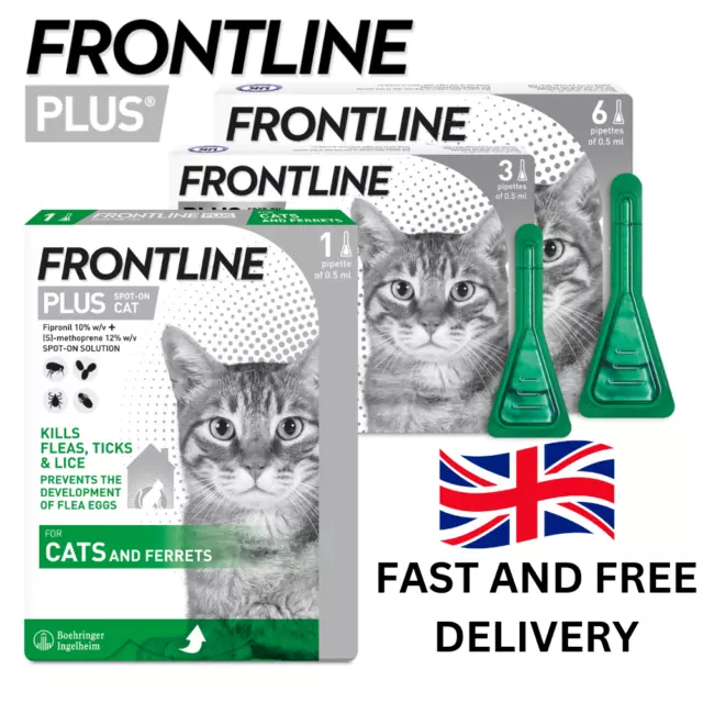 FRONTLINE PLUS Cat Flea Treatment 1, 3 Or 6 Pipette Packs Kills Fleas Ticks Lice