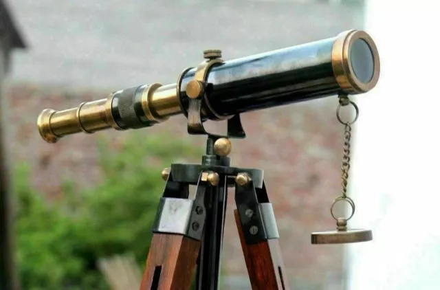 Nautical Maritime Antique Brass Spyglass Telescope Wooden Tripod Marine Scope