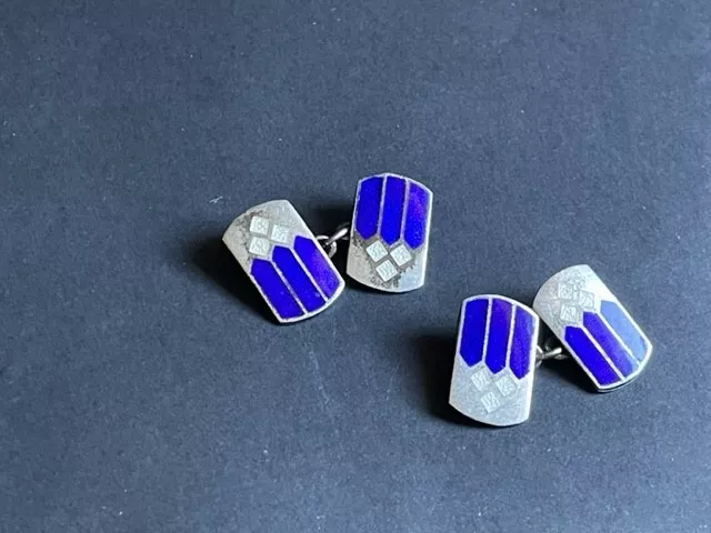 STUNNING Vintage Antique Art Deco Sterling Silver Cufflinks blue enamel