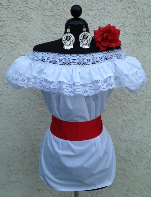 MEXICAN BLOUSE WHITE Adelita On Off Shoulder w Small Red Sash