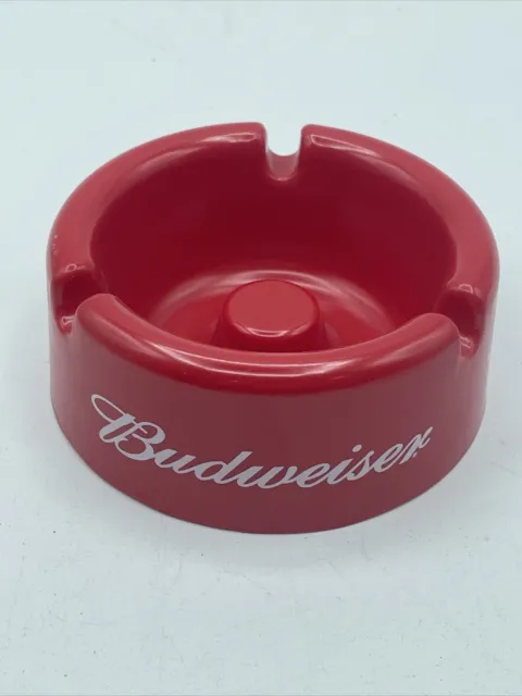 Vintage Budweiser Red with White Print Ornamin Plastic Ashtray 3.75” 3 Slots