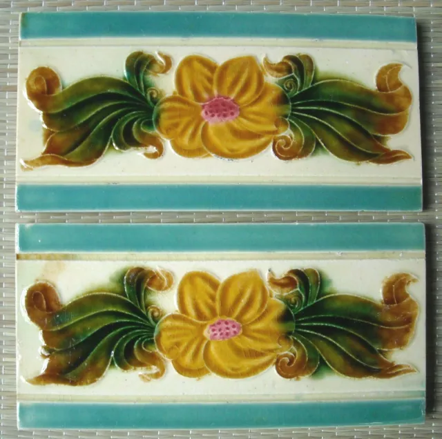 European - 2 Antique Art Nouveau Majolica Border Tiles C1900