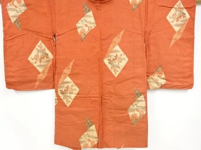 98091# Japanese Kimono / Antique Haori / Woven Cranes & Floral Cart