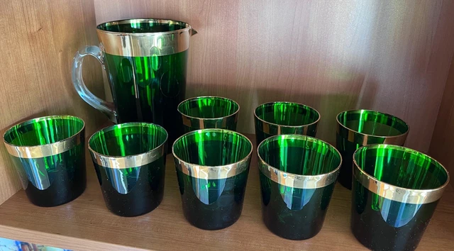 Magnifique Service à Orangeade  8 Verres et Carafe Années 50 60  Verre Soufflé
