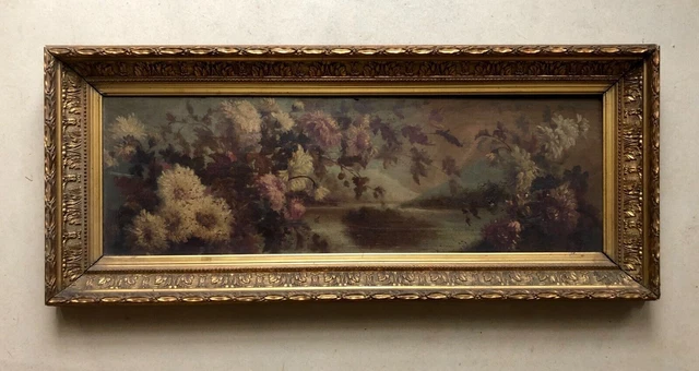 Antico Dipinto Con Cornice, Paesaggio Lacustre E Fiori, Olio Su Tavola Del...