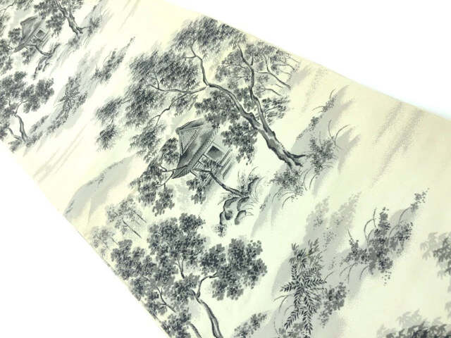 6384324: Japanese Kimono / Vintage Fukuro Obi / Woven Scenery Of Temple