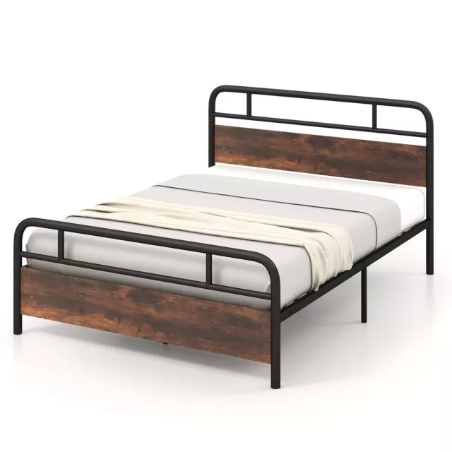 King Size Bed Frame Platform Metal Slats Support Bed W/ Industrial Headboard