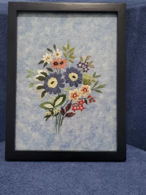 Vintage Crewel Embroidered Floral Picture