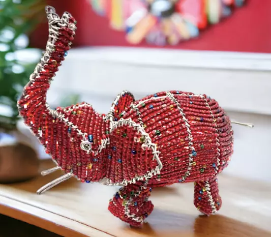 Handmade Beadworx Elephant Wire Figurine Trunk Up, Beaded, Red, Good Luck, Art