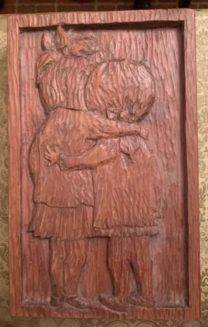 Hand carved Wooden Wall Art Artist signed J L Wood Picture Folk Primitive Art