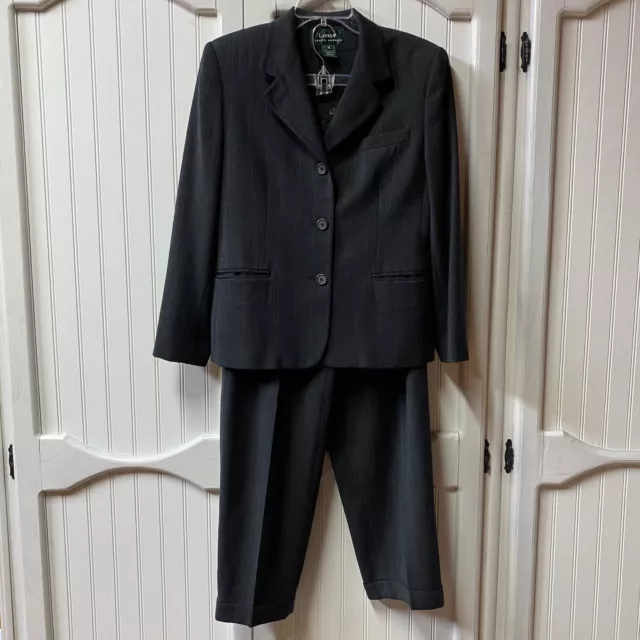 Vtg Ralph Lauren Pinstripe Charcoal Wool Suit Set Womens Blazer Sz 10 Pant Sz 8