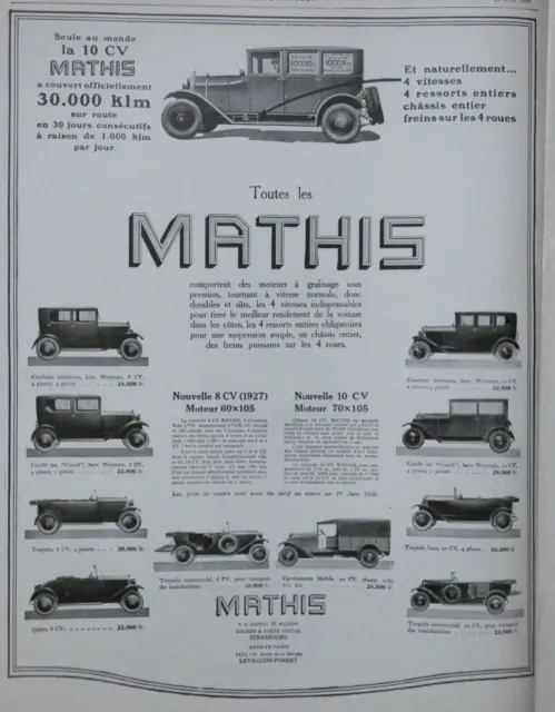 1926 Press Advertisement All Mathis Torpedo Spider Truck Engine 10 Hp