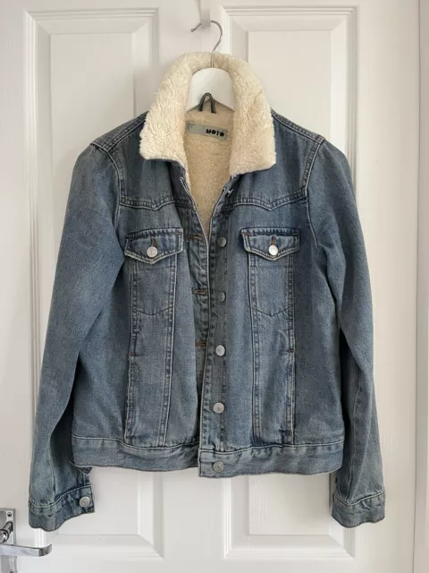 Topshop Moto Denim Jacket Size UK 10 Stonewash Blue Sherpa Borg Lined Trucker