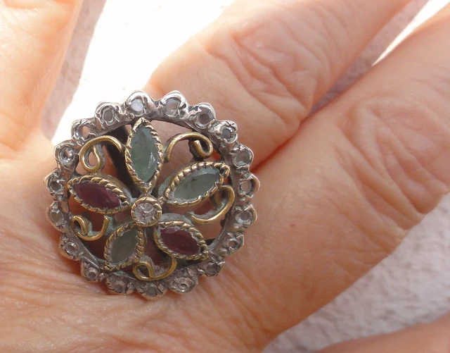 Bague Victorienne En Argent Sertie émeraudes, Rubis, Zircon - Taille 57 - Occasion