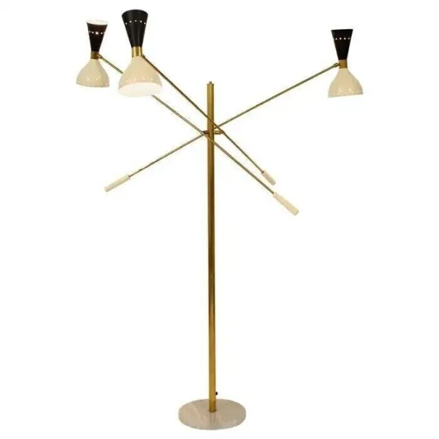 Mi Siècle Stilnovo Style Italien Sol Lampe Three-Arm Laiton Et Marbre Noir