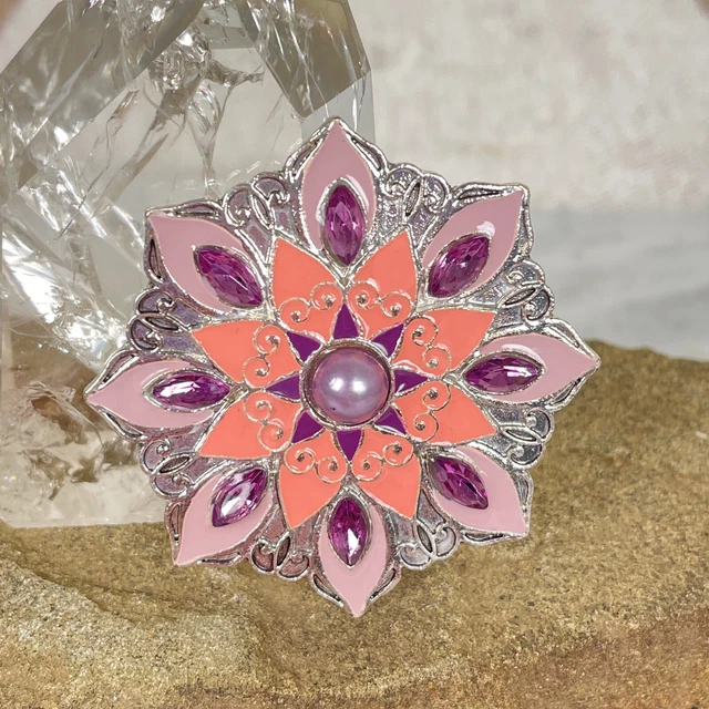 PINK Enamel STAR FLOWER RHINESTONE Brooch SACRED GEOMETRY Pin Pendant Necklace