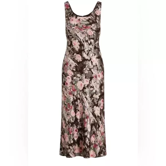 Ralph Lauren Floral Print Metallic Jacquard Scoop Neck Sleeveless Dress 2 JN3023