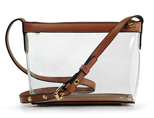 Clear Zipper Cross Body Bag with Vegan Leather Trim Brown