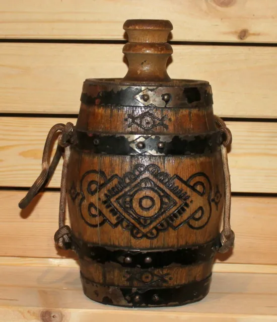 Vintage hand made folk wood brandy flask keg