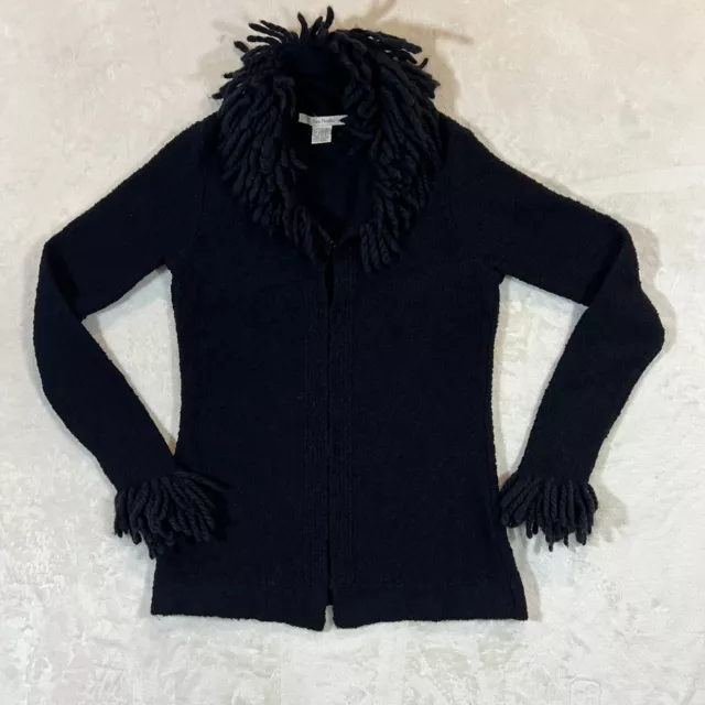 Free People Cardigan Sweater Womens Size Large Black Fringe Collar & Cuffs Boho
