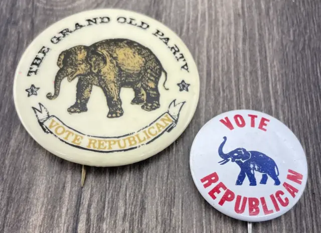 Vintage Vote Republican Pins Lot of 2 Elephant Great Old Party Button Political