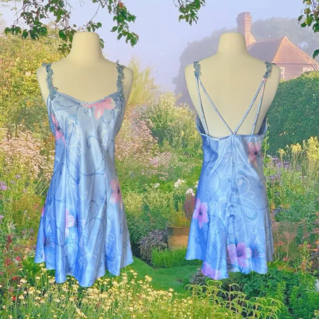 Vintage Angelique Slip Dress Medium Blue Lace Sequin Floral Strappy Lingerie
