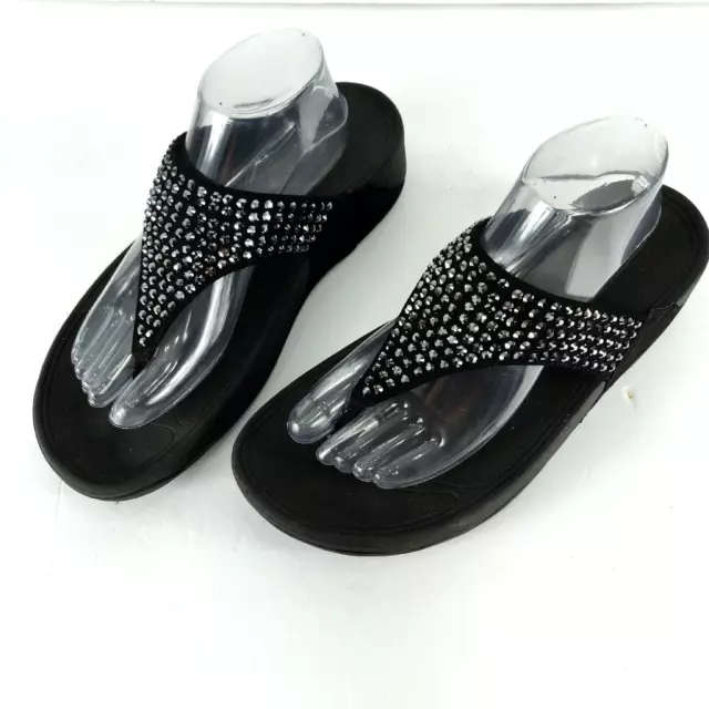 Fitflop Lulu Size 10 Rhinestone Suede Wedge Toe Post Sandals Flip-Flop Black