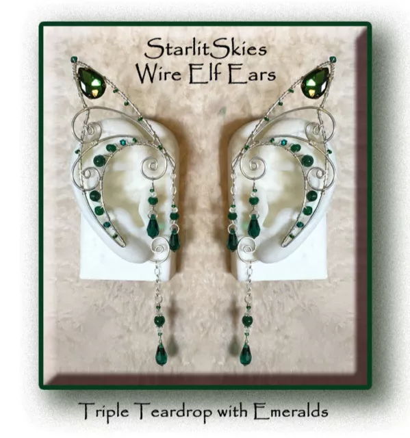 Triple Teardrop Emerald Wire Elf Ears: Sterling Silver Filled, Swarovski Crystal
