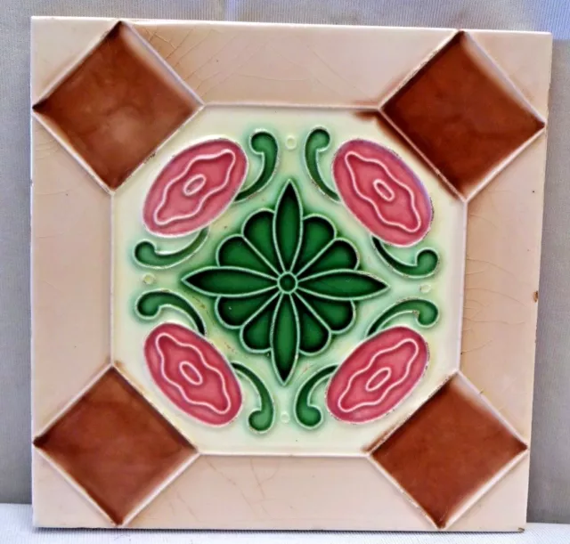 Tile Saji Japan Majolica Art Nouveau Ceramic Porcelain Geometric Design Old #235