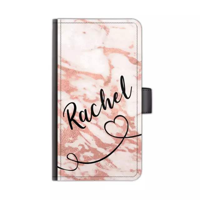 Nom Personnalisé PU Étui Cuir Téléphone Noir Coeur Ligne Pêche Marbre Rabattable