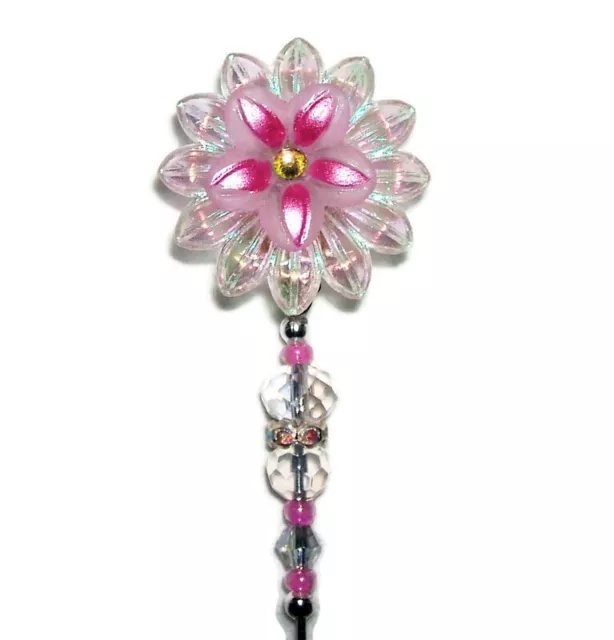 PINK FLOWER and CRYSTAL Long Stick Pin Hatpin Silver Pltd Vintage Garden Style