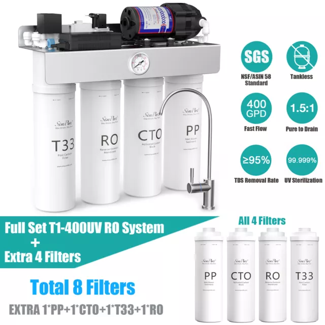 Sistema de filtro de agua RO sin tanque SimPure T1-400 GPD ósmosis inversa sin tanque +8*Filtros