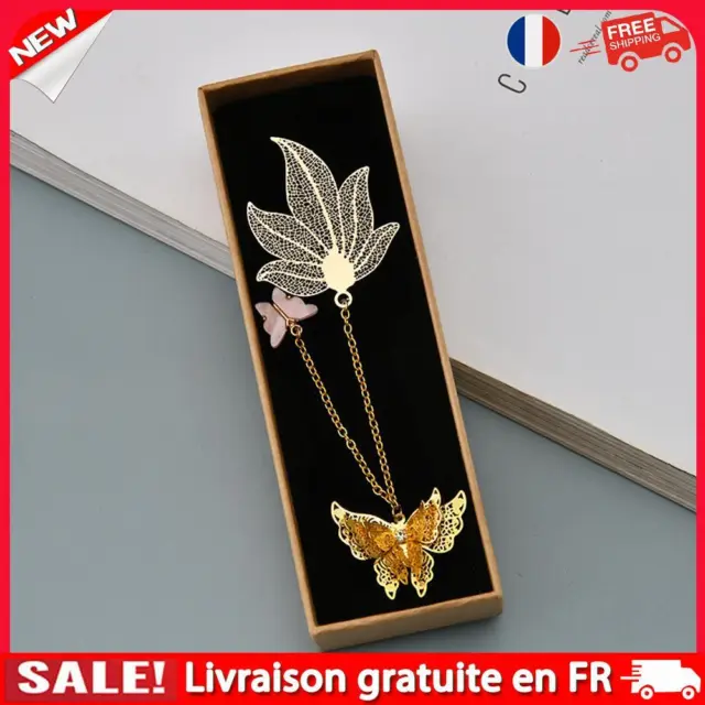 Metal Maple Leaf Bookmarks With Butterfly Chain - Gift Box Together (Pink)