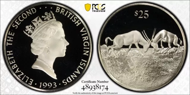 1993 -FM British Virgin Islands Silver $25 Dollars Oryx -PCGS PR 69 DCAM