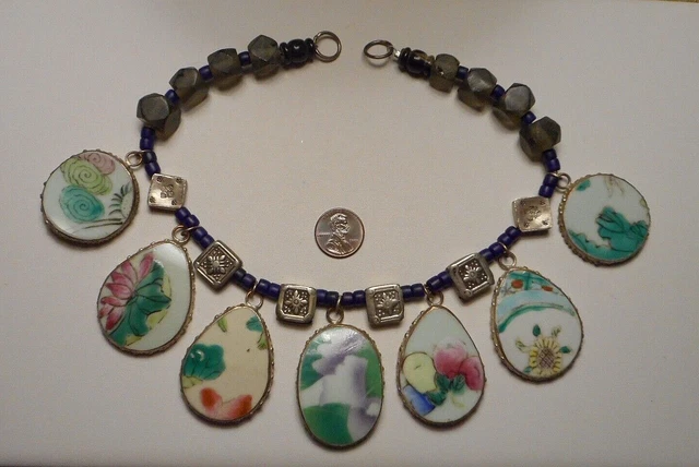 Necklace Glass Trade Beads w 7 Old Chinese Porcelain Shard Drops - needs clasp