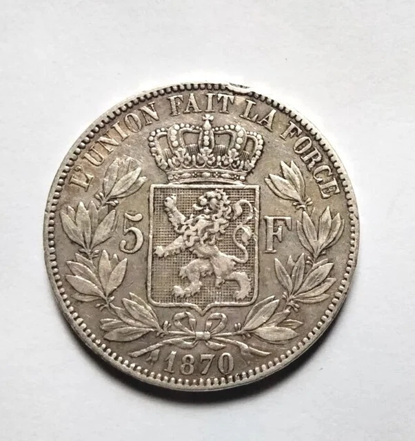 MAGNIFIQUE PIECE 5 F ARGENT - 1870 - LÉOPOLD Il ROI DES BELGES