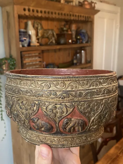 Finely Carved Antique Gilt and Lacquer Burmese Offering Bowl Old Vessel