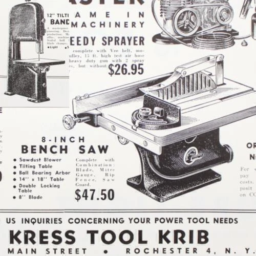 ROCHESTER NY KRESS Tool Krib Table Saw Band Jig Print Ad 1948 Vintage