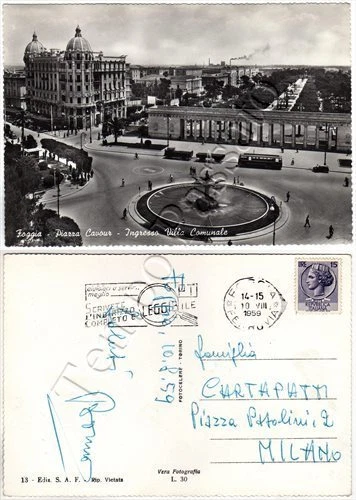 Cartolina di Foggia, autobus e fontana in piazza Cavour - 1959