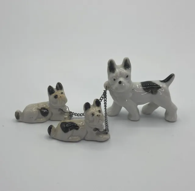 Vintage Dog With Two Puppies on Chain Ceramic Figurines Unmarked