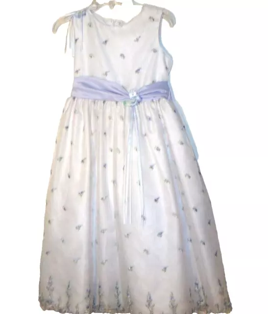 RARE EDITIONS Formal Fancy White & Blue Flower Girl Pageant Party Dress Sz 8 VGC