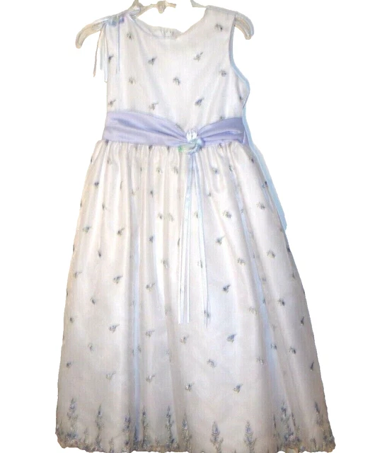 RARE EDITIONS Formal Fancy White & Blue Flower Girl Pageant Party Dress Sz 8 VGC