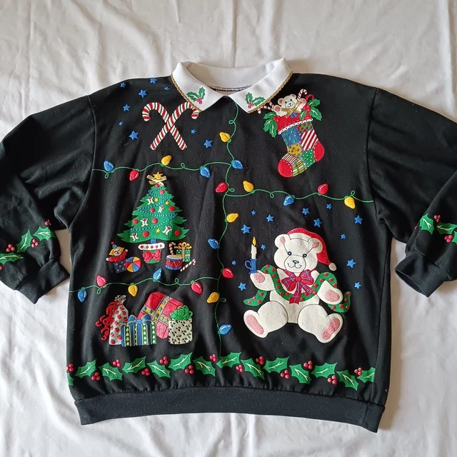 Vintage Spumoni Sweatshirt Christmas Stockings Tree Bear Lights Puffy