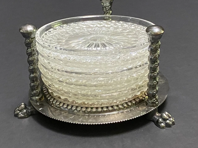 Pawfoot Silverplated Stand with Glass Coasters SET Vintage F B Rogers Grapevine