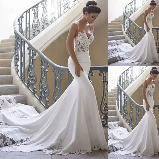 BEACH MERMAID WEDDING Dress Spaghetti Straps Backless Appliques Lace Bridal  Gown $148.90 - PicClick