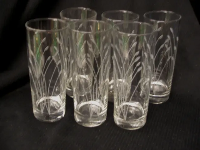 MCM SET 6 Etched CATTAILS Crystal Highball / Iced Tea Glasses by CRISA 6.5" Tall