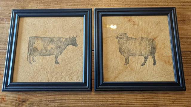 Primitive Country Framed Rusty Cloth Cow Sheep Stampede Picture Handcrafted 12in