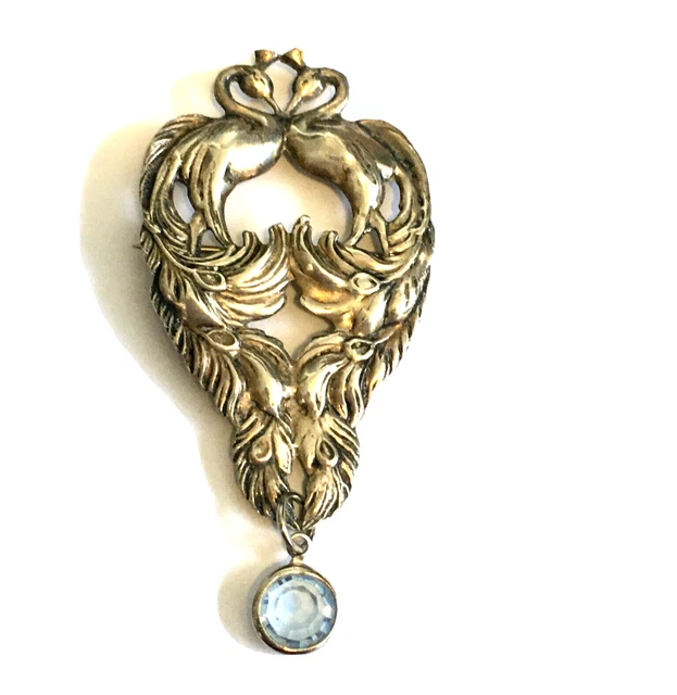 Vintage Silver Tone Double Peacock Brooch Pin Glass Charm 2 3/4"